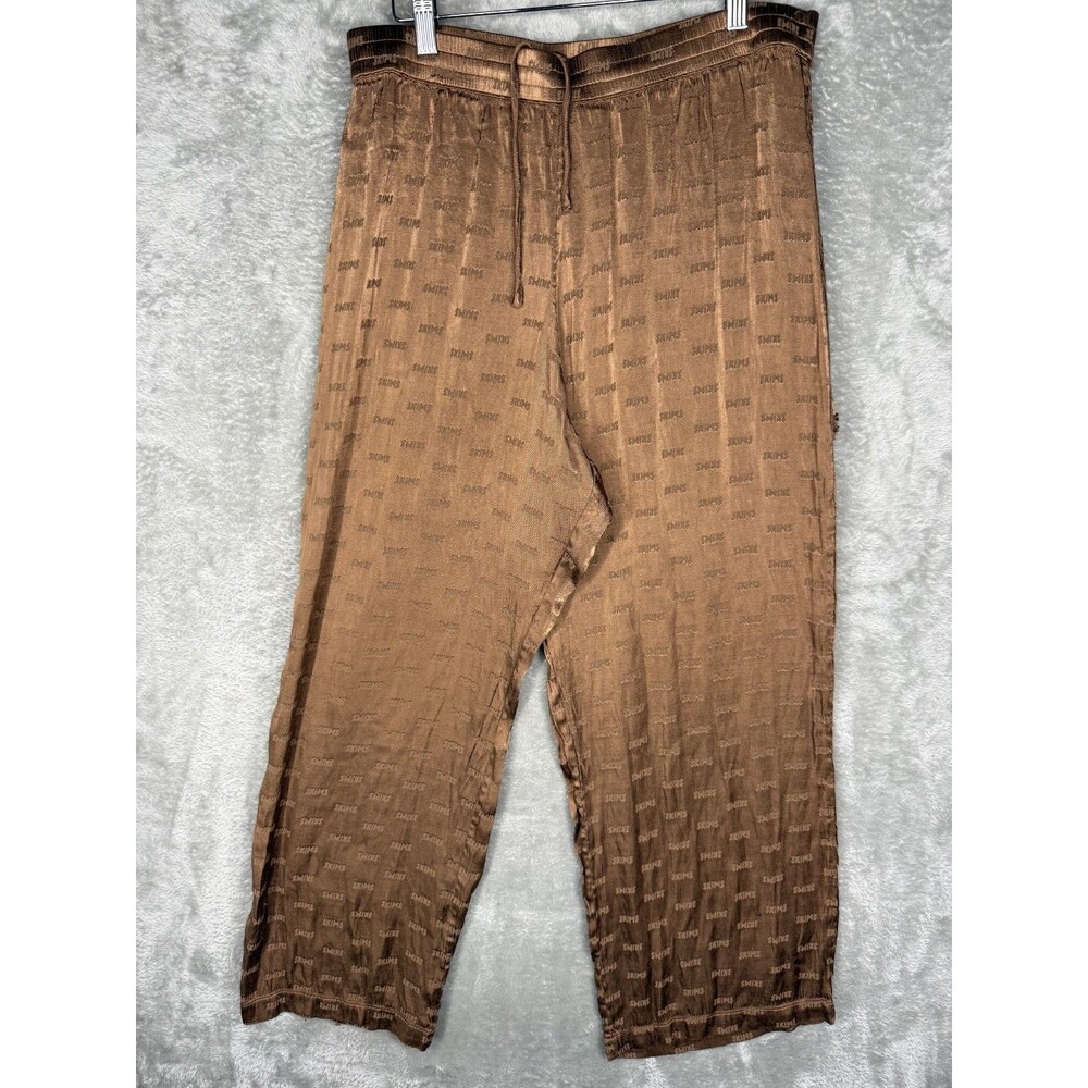 SKIMS Pajama Pants Womens Medium All Over Print Logo Wide Leg Satin Lounge Sleep